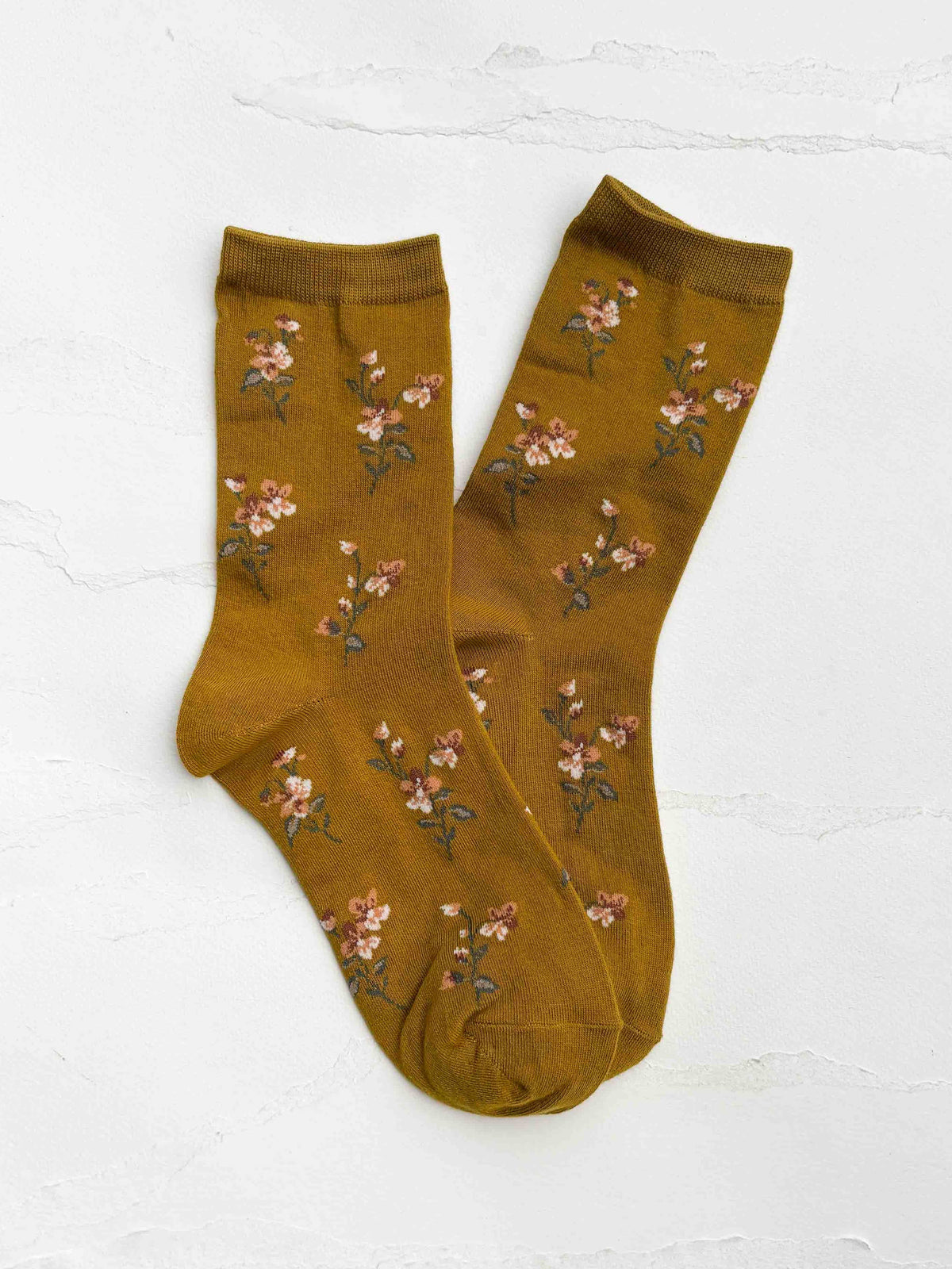 Vintage Floral Crew Socks: Mustard