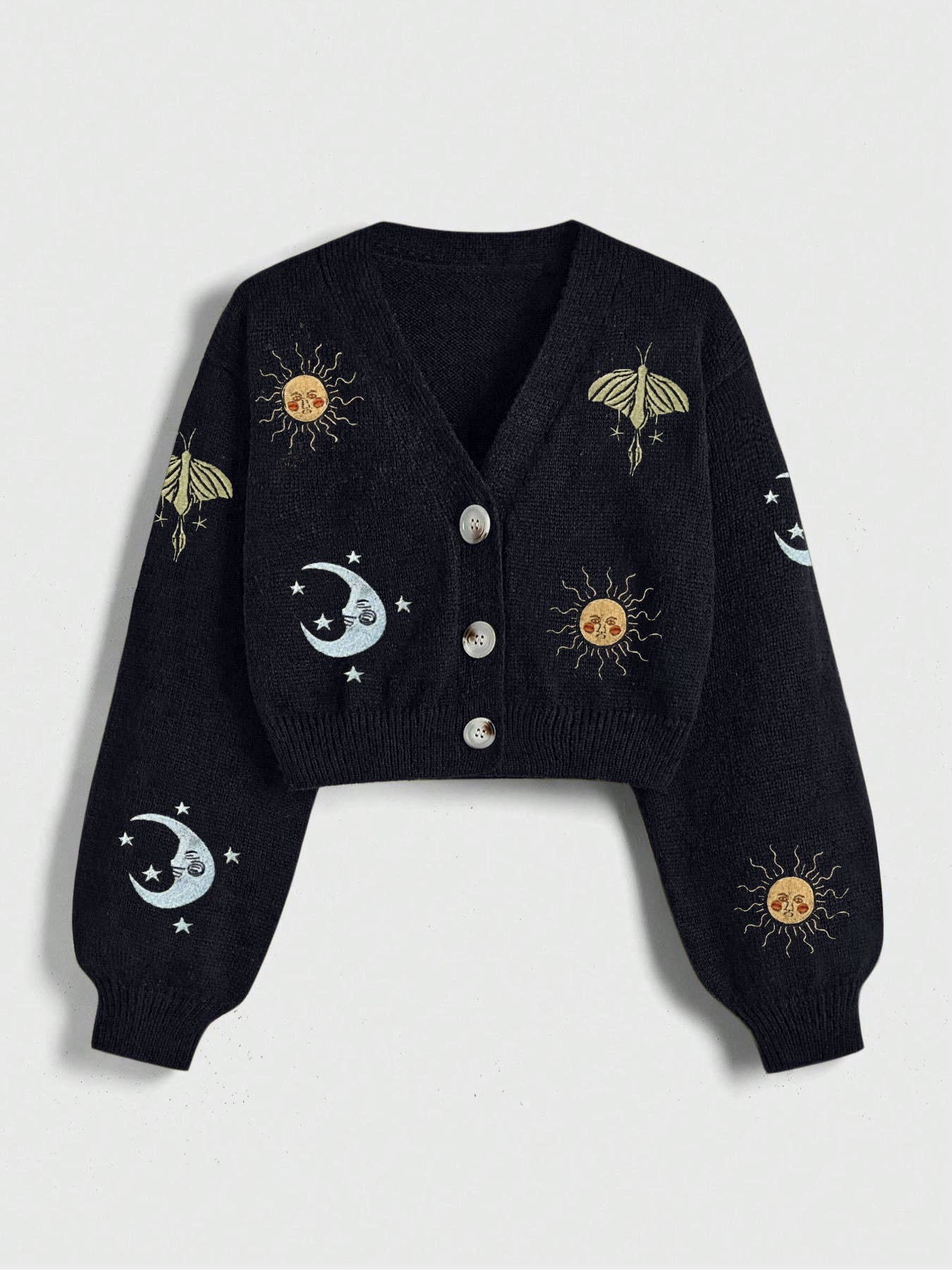 Mysterious Universe Sun & Moon Embroidered Cardigan: Black
