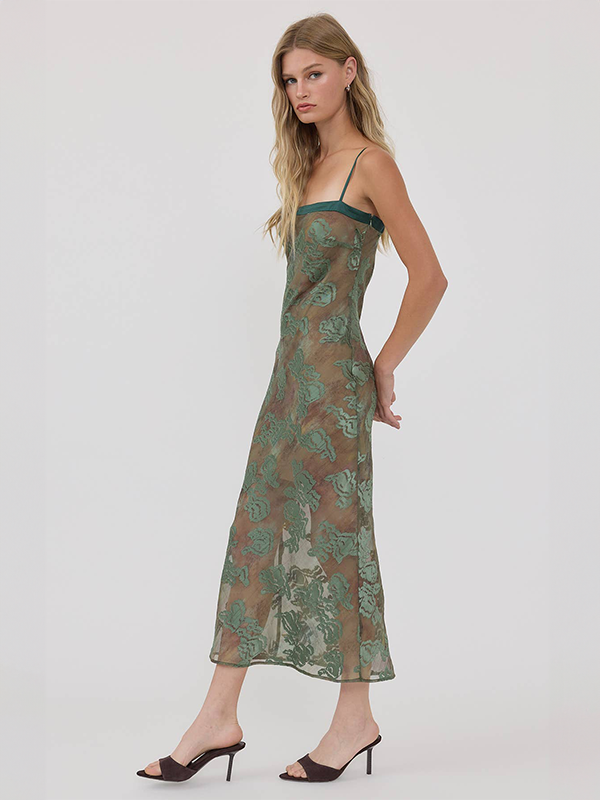 Floral Jacquard Midi Slip Dress: Sage Green M
