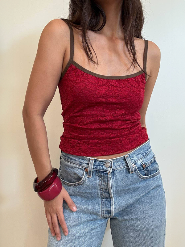 Jacquard Floral Lace Cami: Cherry