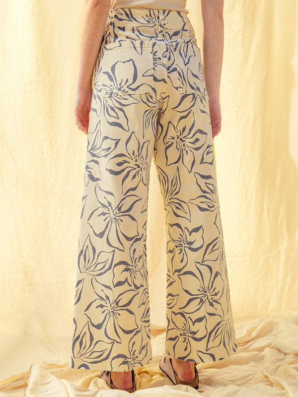 Floral Print Stretch Pants: Denim Blue