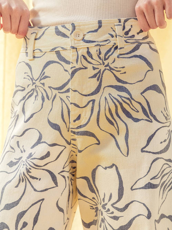 Floral Print Stretch Pants: Denim Blue