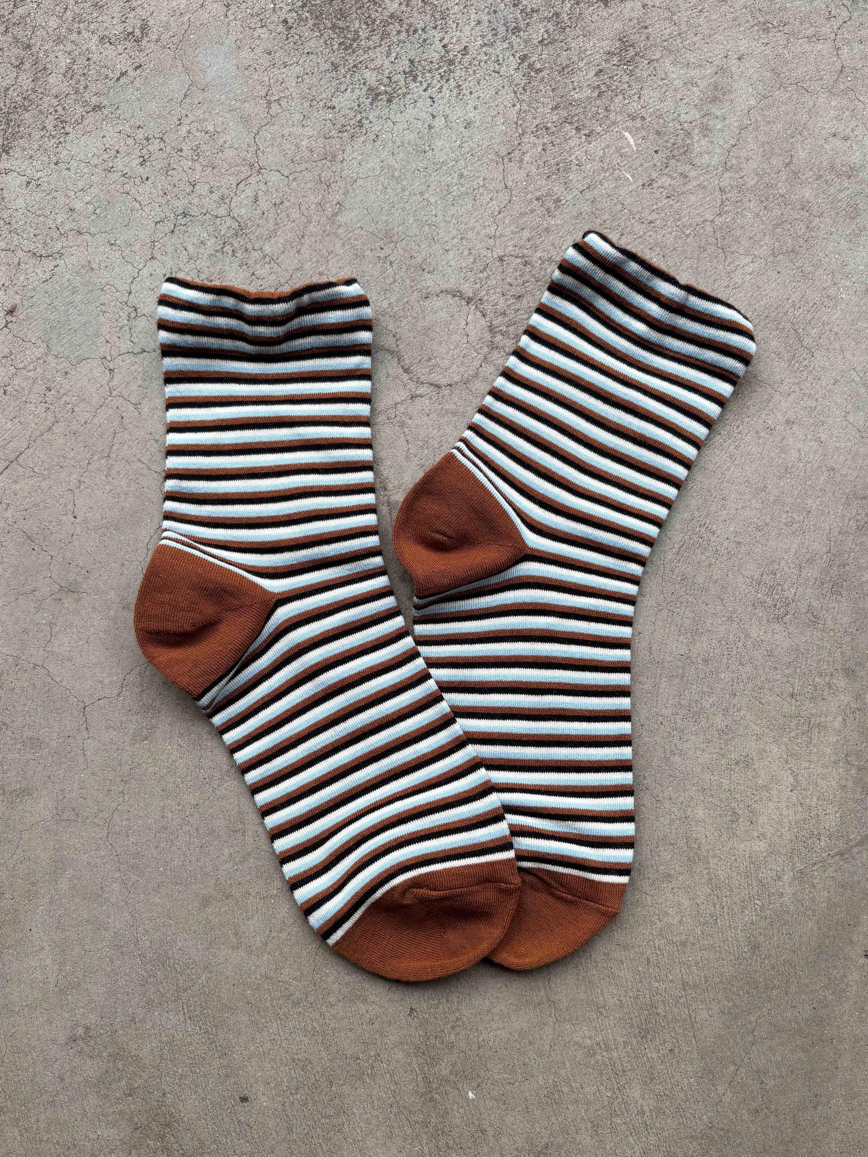 Vintage Micro Stripe Socks: Wood/Sky