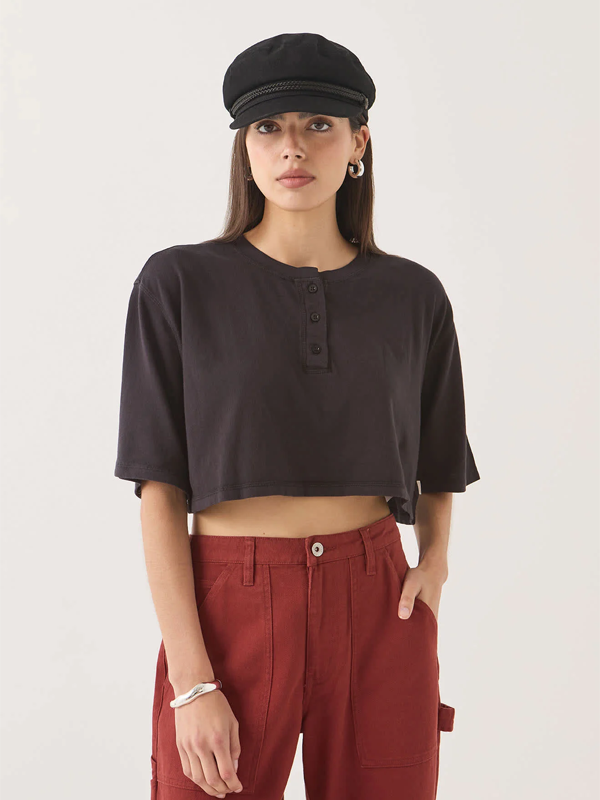 Carefree Organic Garment Dye Cropped Henley: Black