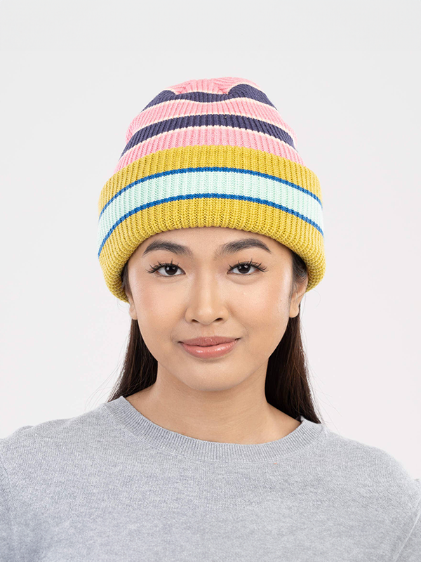 Zipper Stripe Plush Beanie: Denim Pink
