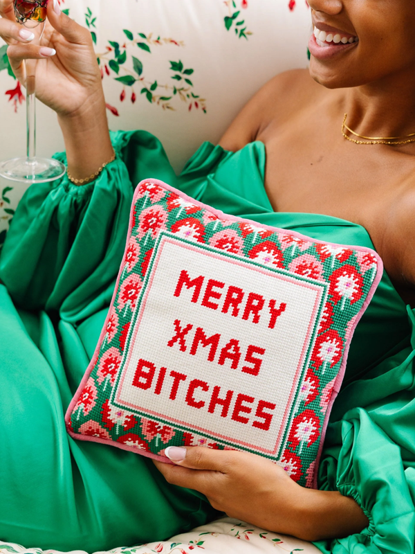 Merry Xmas B*tches Needlepoint Pillow