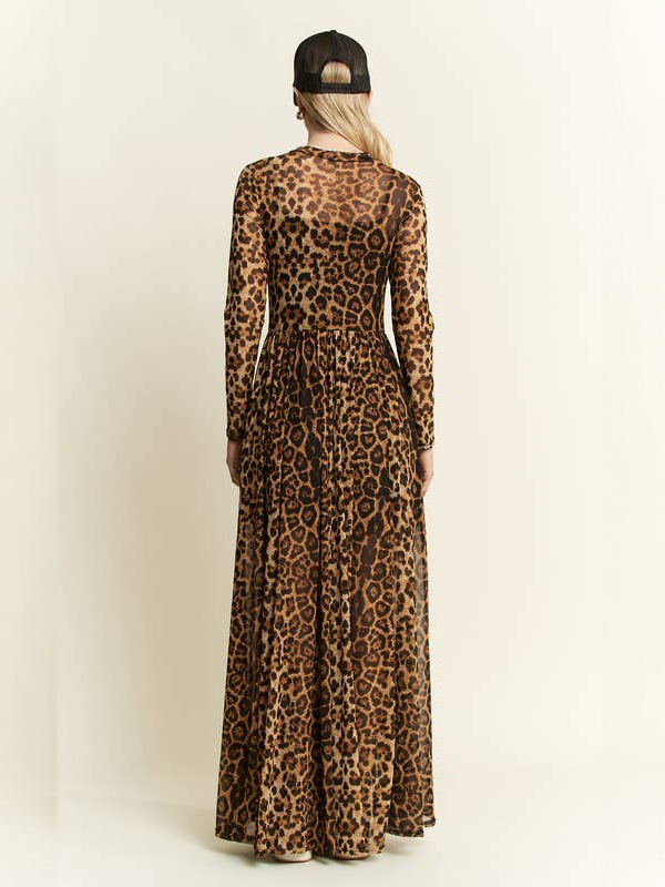 brown mesh leopard print dress boohoo Women's Leopard Mesh Lace Back Maxi Dress in Brown