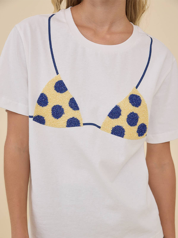 Caviar Print Bikini Graphic Tee: Ivory Polka Dot