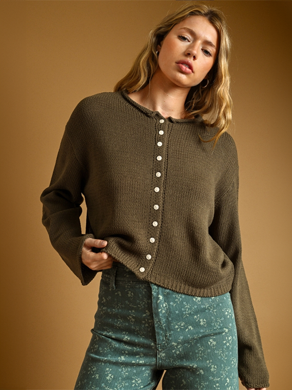 Button Front Knitted Cardigan: Olive