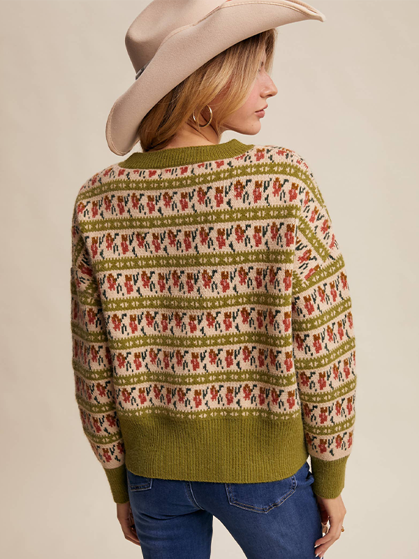 Western Jacquard Knit Sweater: Vintage Green