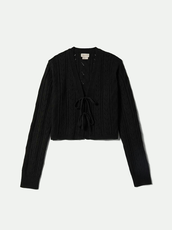 Cropped Pointelle Tie Cardigan: Black