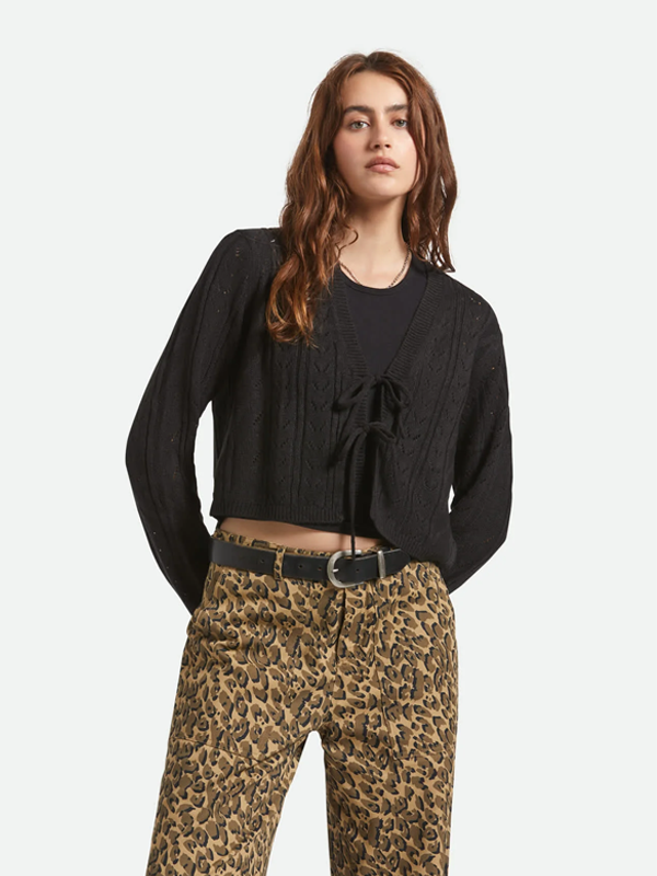 Cropped Pointelle Tie Cardigan: Black