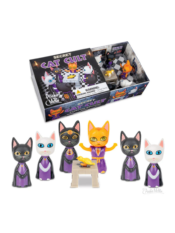 Secret Cat Cult figures featuring cute, mysterious cat-themed designs, perfect for collectors and cat lovers who enjoy quirky, unique decor.
