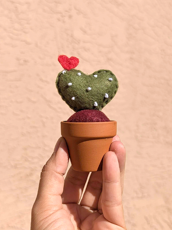 Handmade Felt Heart Cactus in Terracotta Pot