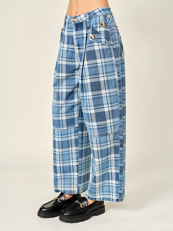 Oxford Barrel Leg Pants: Denim Plaid