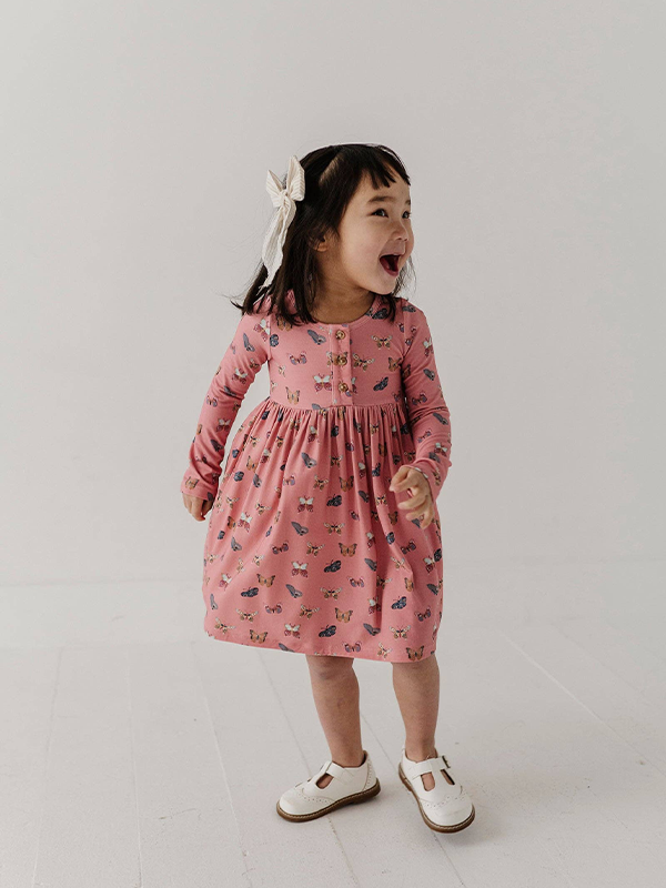 Girl's Long Sleeve Henley Dress: Butterfly Bloom