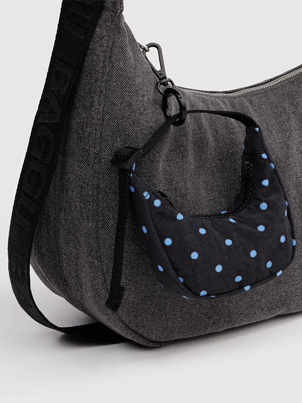 Crescent Bag Charm: Black and Sky Blue Micro Dot