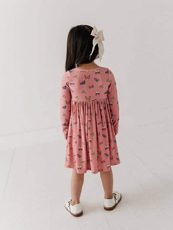Girl's Long Sleeve Henley Dress: Butterfly Bloom