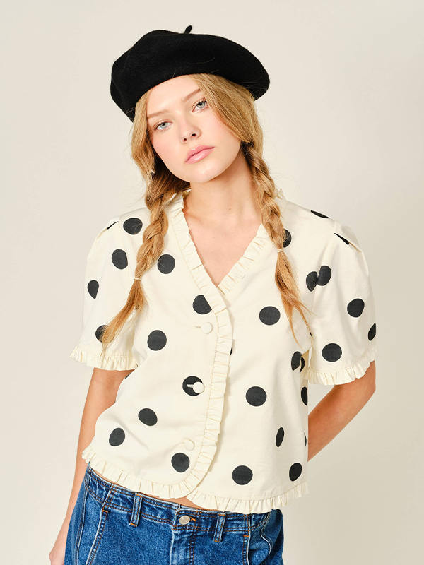 Polka Dot Short Sleeve Jacket: Cream