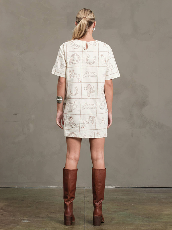 Western Embroidered Mini Dress: Taupe