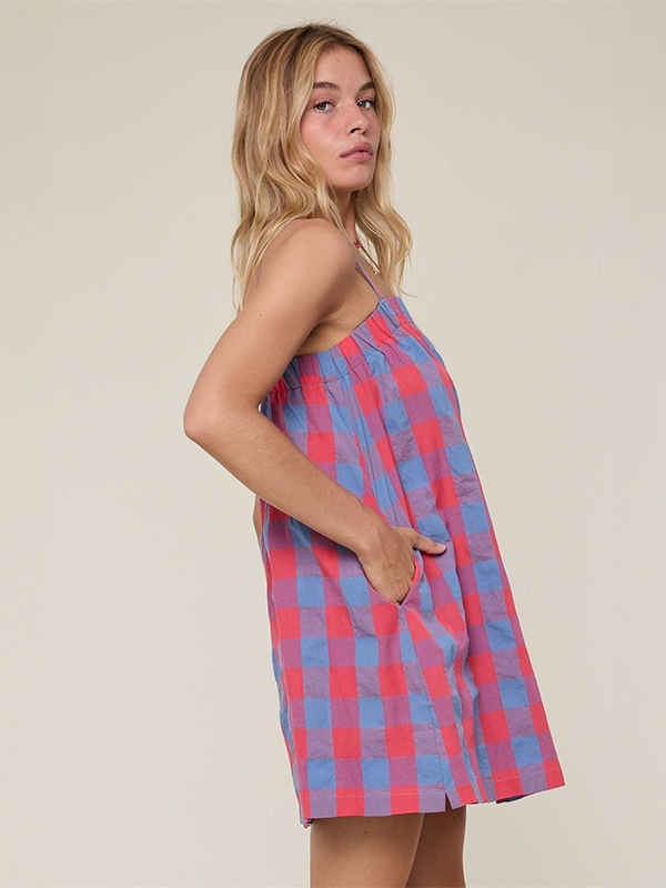 Plaid Cami Mini Dress: Cherry/Blue