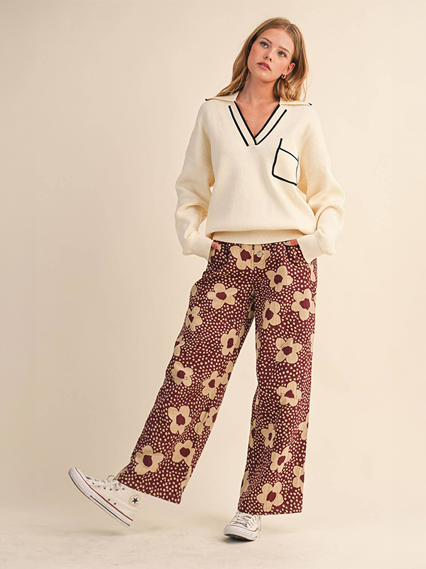 Floral Print High Waisted Pants: Burgundy Floral