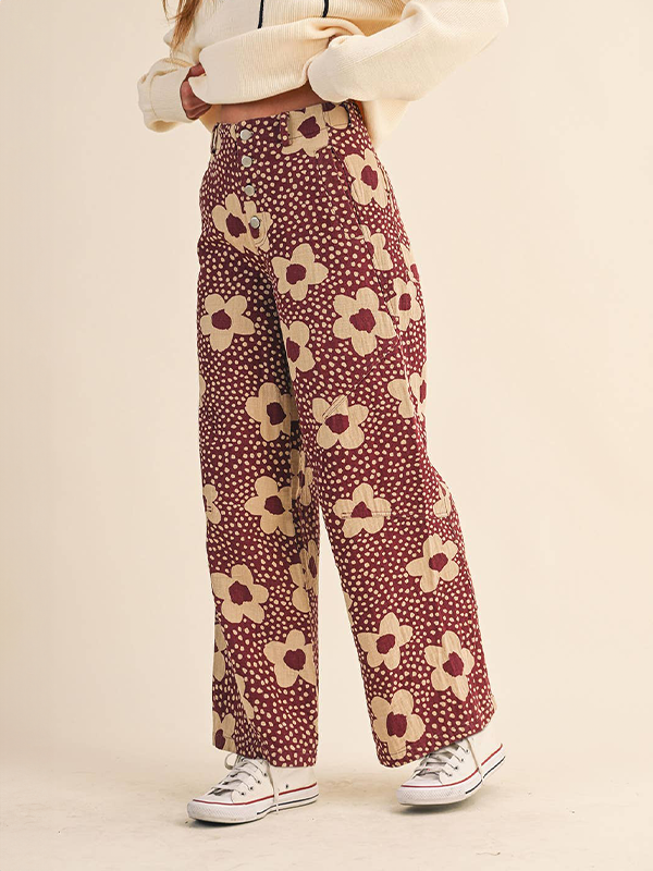 Floral Print High Waisted Pants: Burgundy Floral