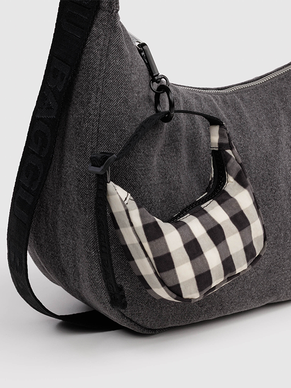 Crescent Bag Charm: Black and Cream Gingham