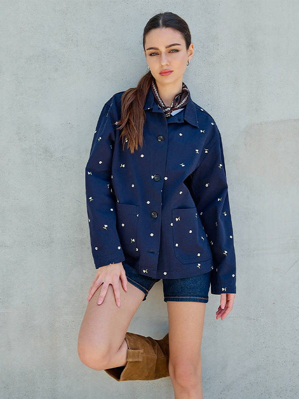 Embroidered Lightweight Button-Up Jacket: Navy