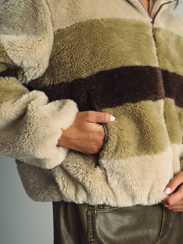 Color-Block Stripe Teddy Jacket: Ecru/Brown