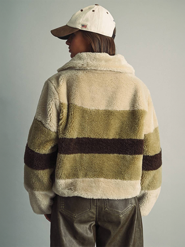 Color-Block Stripe Teddy Jacket: Ecru/Brown