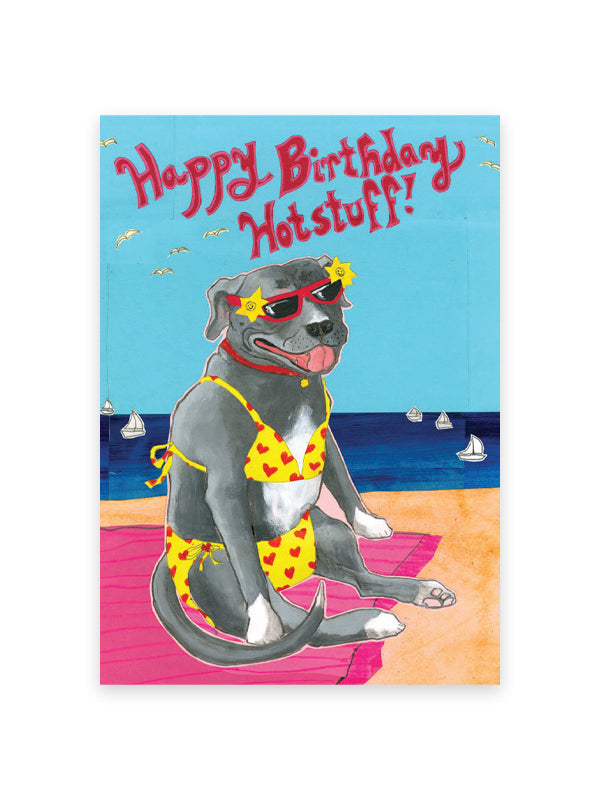 Pitbull Bikini Birthday Card Edge of Urge