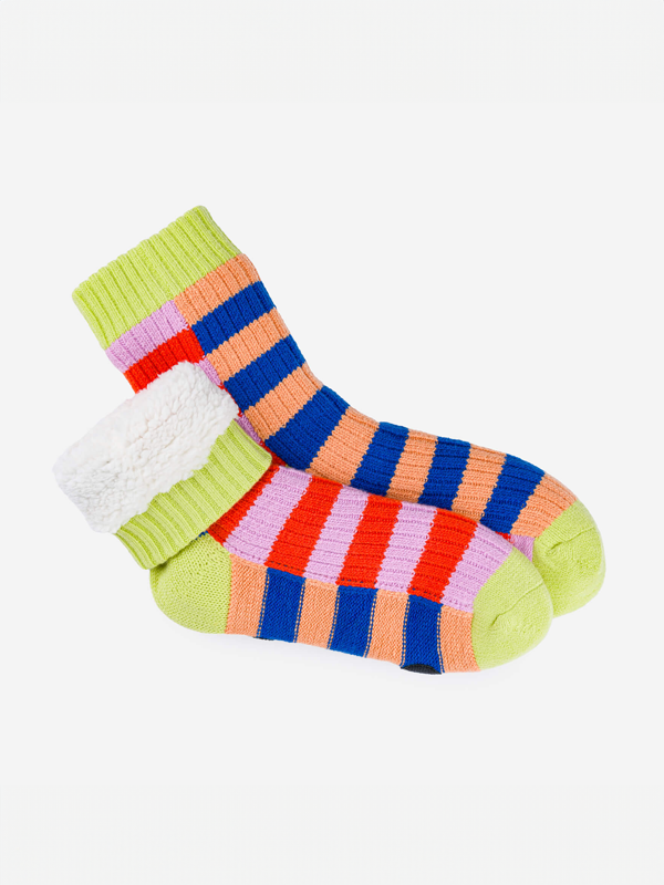 Super Stripe Knit House Socks: Peach Cobalt