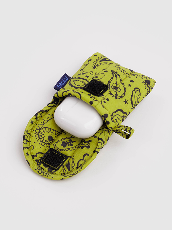 Puffy Earbuds Case: Chartreuse Paisley