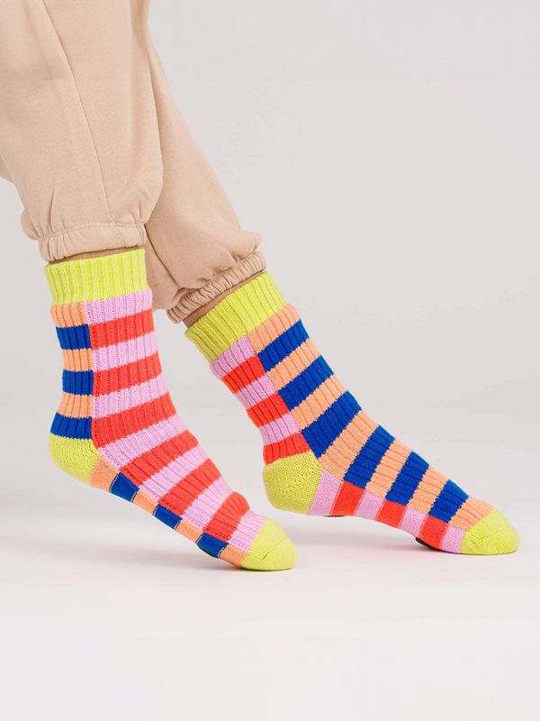 Super Stripe Knit House Socks: Peach Cobalt