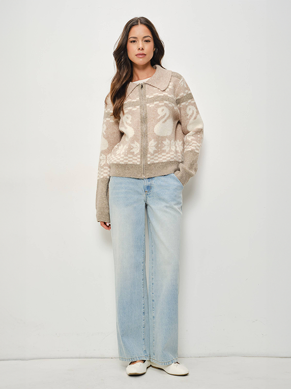 Harper Swan Jacquard Zip Up Jacket: Beige Multi
