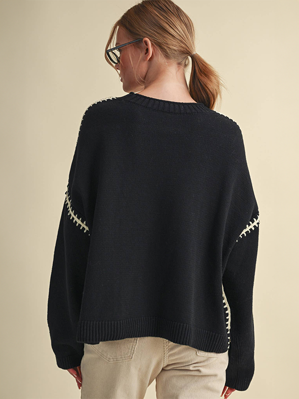 Contrast Blanket Stitch Sweater: Black Ivory