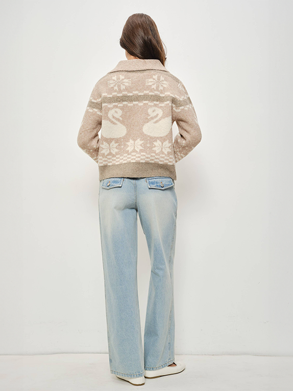 Harper Swan Jacquard Zip Up Jacket: Beige Multi