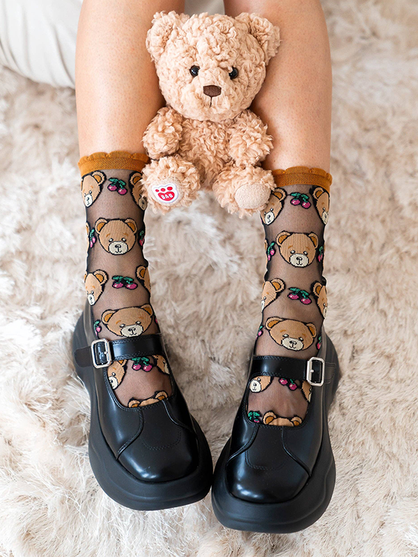 Teddy Bear Ruffle Black Sheer Crew Sock