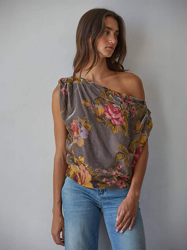 Floral Asymmetrical Top: Grey Burgundy
