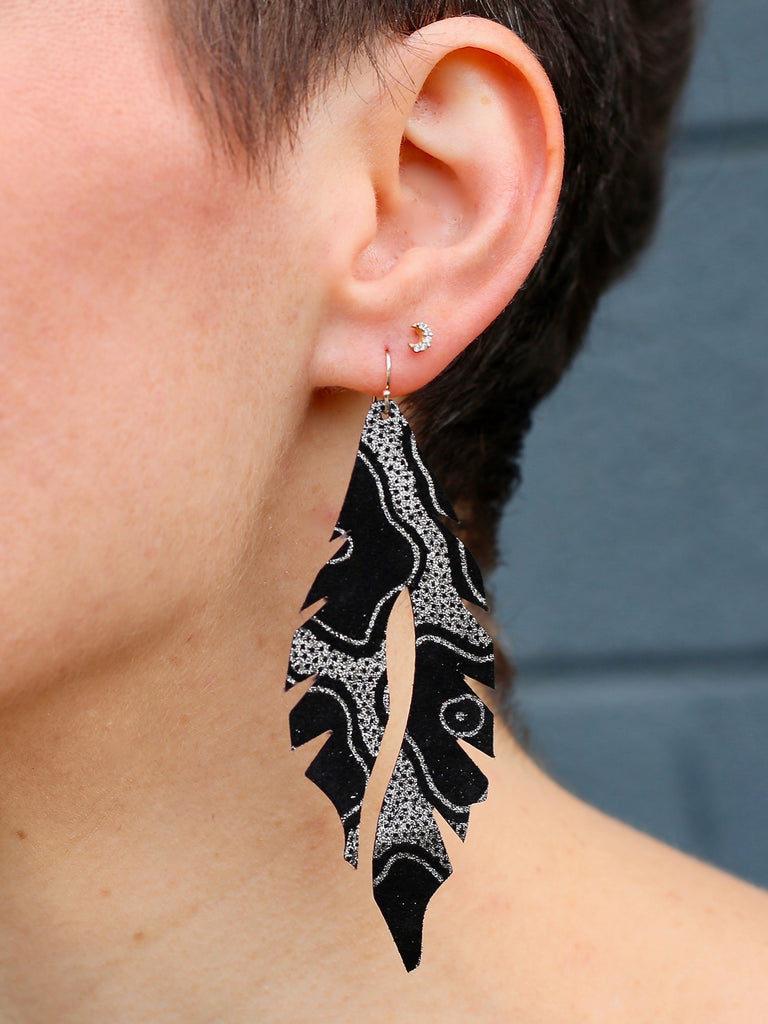 Leather Feather Mini Amoeba black silver edge of urge original earring