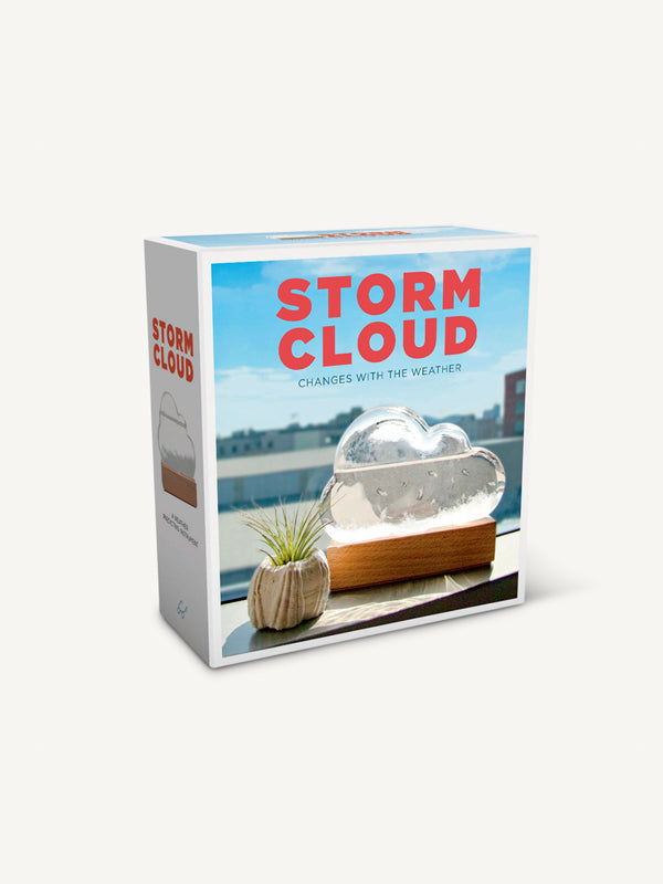 A decorative storm cloud weather predictor that uses a glass dome to create a visual effect, predicting changes in weather. The cloud inside the dome appears to react to changes in air pressure, offering a fun and fascinating way to observe shifting weather patterns.