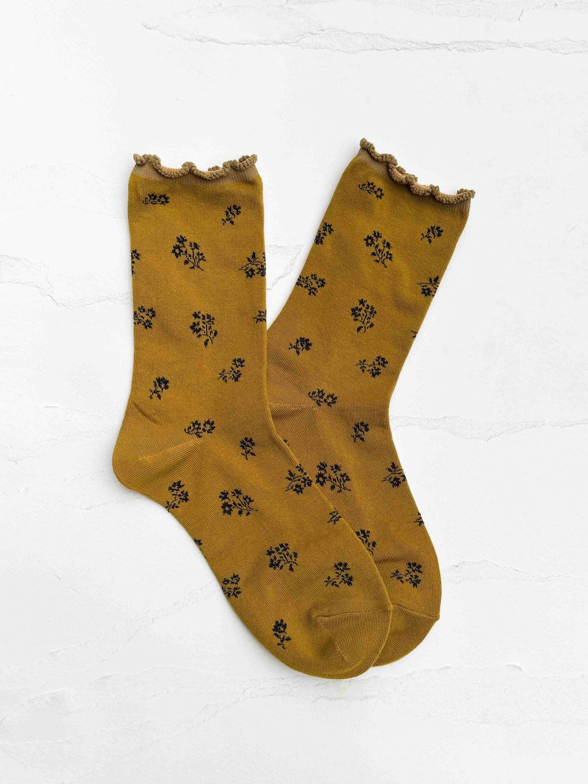 Vintage Tiny Floral Ruffle Socks: Mustard