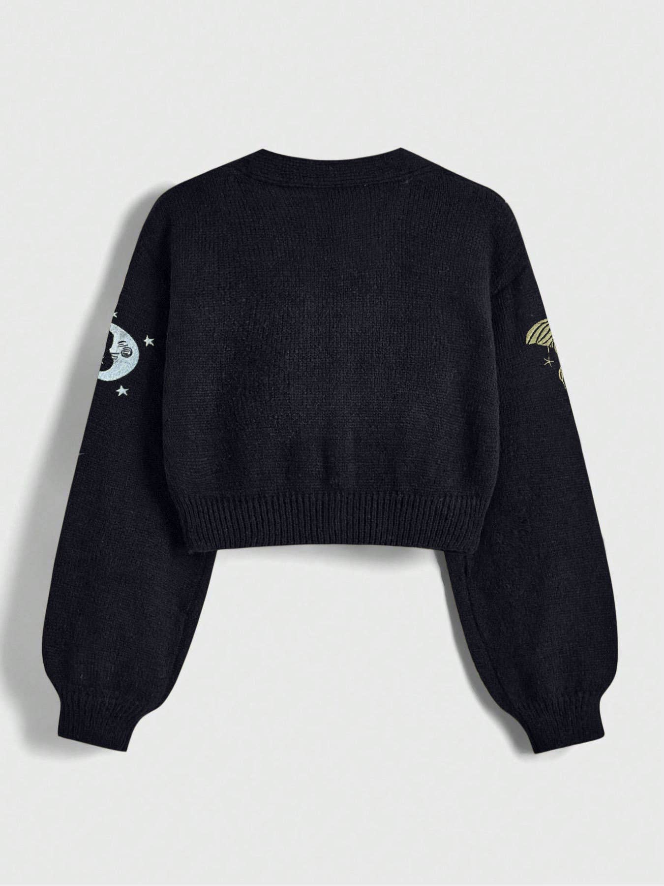 Mysterious Universe Sun & Moon Embroidered Cardigan: Black