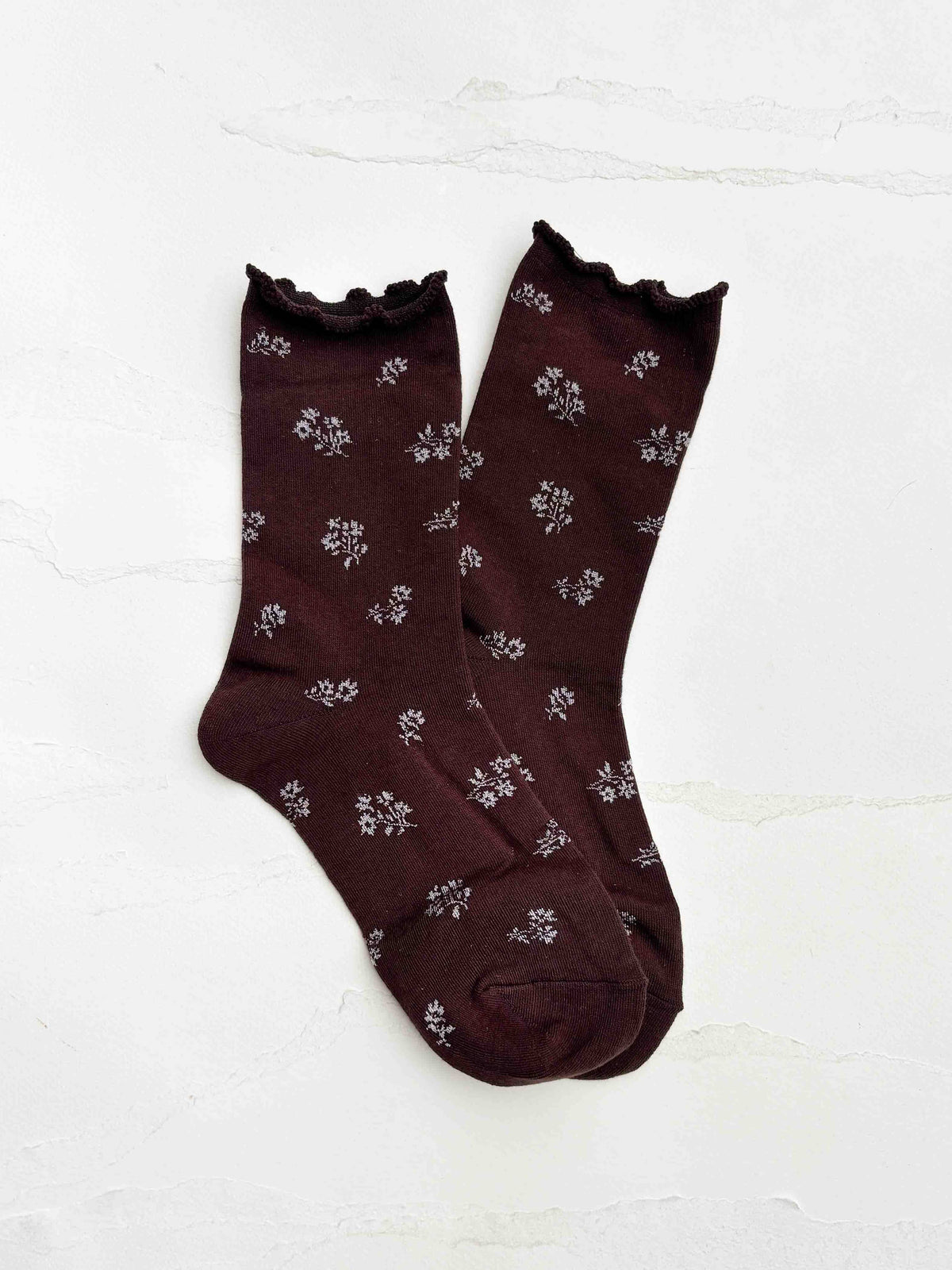 Vintage Tiny Floral Ruffle Socks: Brown