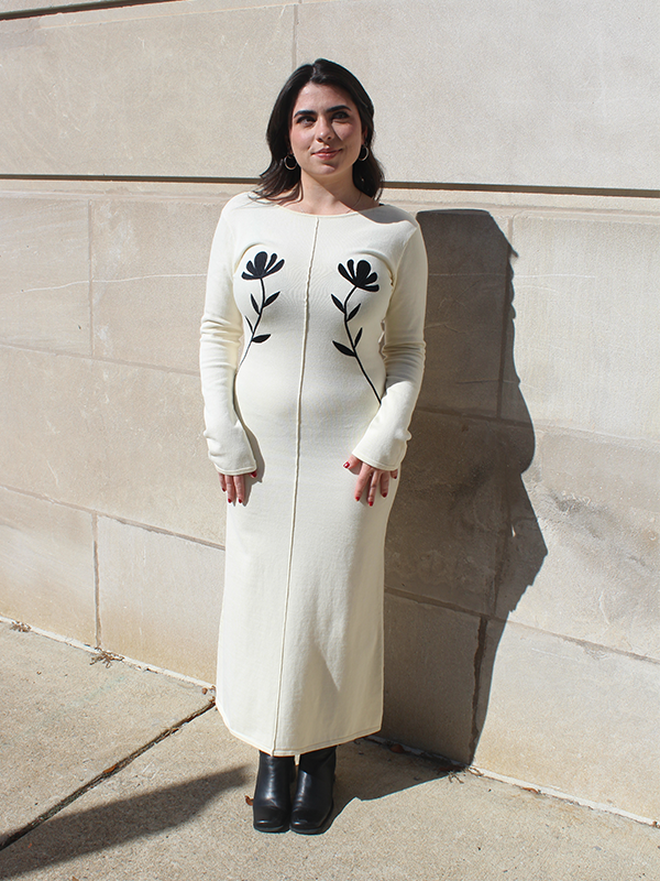 Eve Floral Knit Midi Dress: Cream/Black