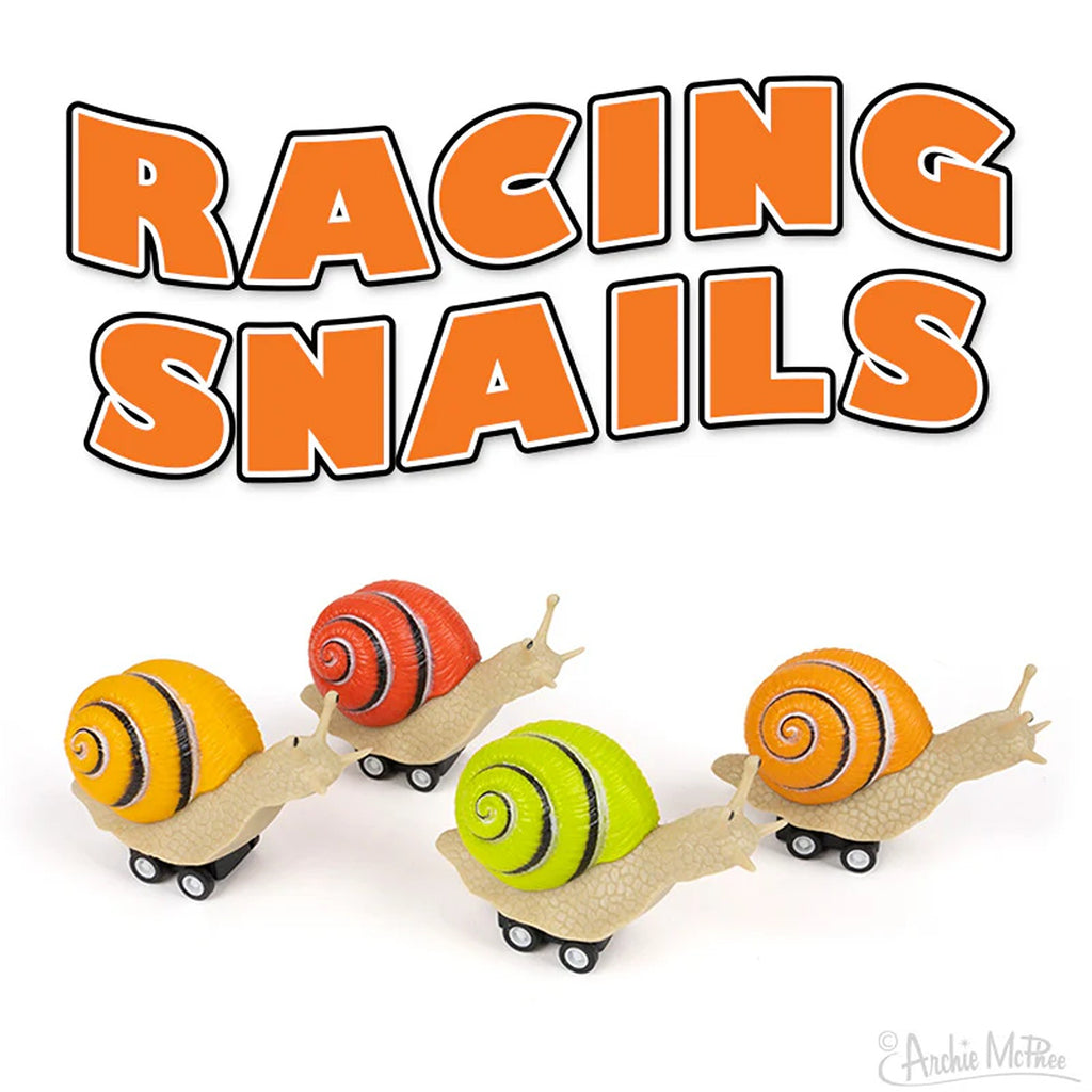 Racing snail figures featuring cute, whimsical snails in dynamic racing poses, perfect for playful decoration or imaginative play.