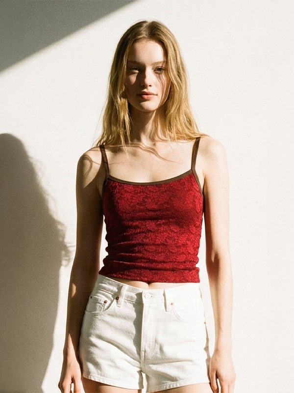 Jacquard Floral Lace Cami: Cherry