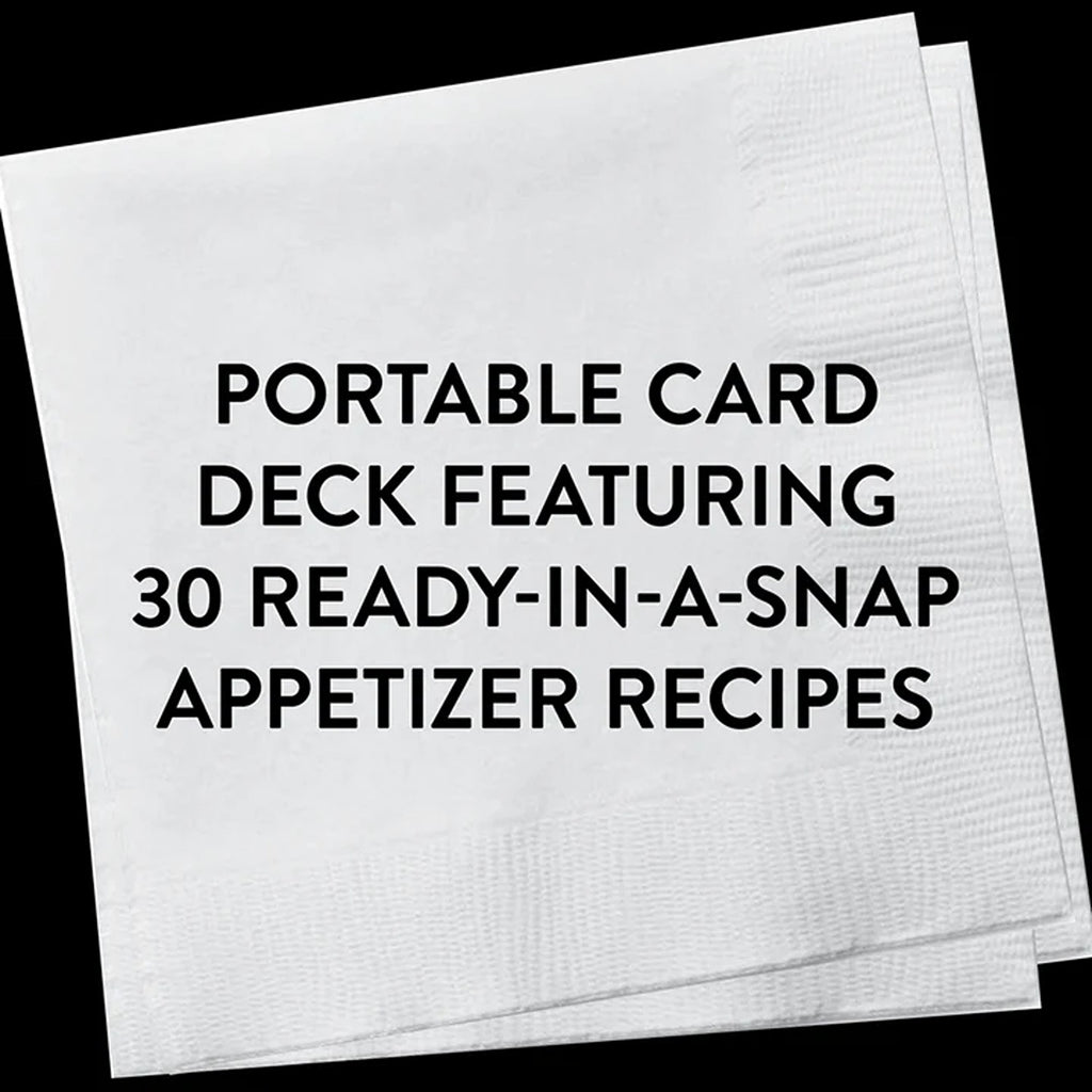 A deck of cards featuring 30 simple and delicious appetizer recipes, perfect for all occasions, with easy-to-follow instructions and colorful illustrations.