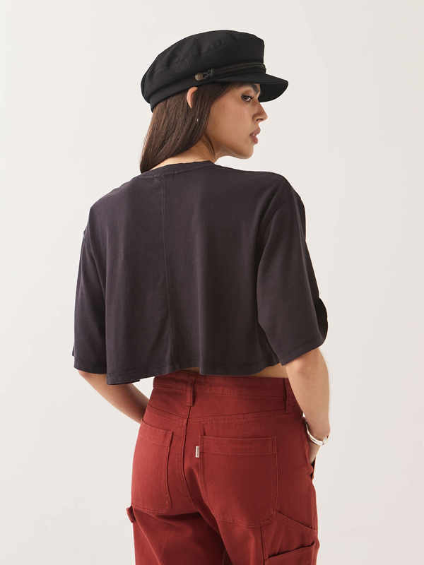 Carefree Organic Garment Dye Cropped Henley: Black